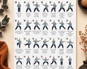 28-daagse tai chi-uitdaging, dagelijks plan voor zachte bewegingen voor balans, mobiliteit en rust, afdrukbare training op alle niveaus pdf-gids voor muurposters