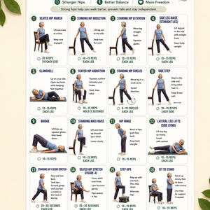 May include: A white instructional poster titled Hip Strength Exercises for Seniors featuring sixteen numbered illustrations of a person performing various physical movements, including seated and standing exercises with text instructions and repetition counts.