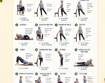 Grafiek heupkrachtoefeningen voor senioren, 16 zachte bewegingen met weinig impact voor balans en stabiliteit, afdrukbare pdf-poster voor seniorentraining