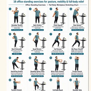 Op de afbeelding: Een witte instructieposter getiteld Standing Desk Stretch Routine met 16 genummerde illustraties van een persoon in een blauw t-shirt en zwarte broek die verschillende kantoor-rekoefeningen uitvoert naast een sta-bureau met een laptop.