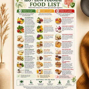 May include: An educational poster titled IBS / LOW FODMAP FOOD LIST featuring three color-coded columns: Items to Eat in green, Items to Limit in orange, and Items to Avoid in red. The chart includes categorized food illustrations and text.