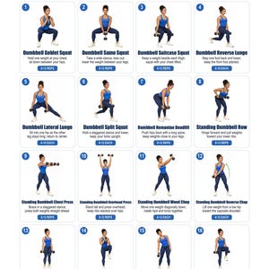 May include: A white instructional poster titled Standing Dumbbell Exercise Chart featuring 16 numbered illustrations of a person in a blue tank top and dark leggings performing various exercises with dumbbells, including squats, lunges, and presses.