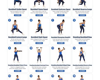 May include: A white instructional poster titled Standing Dumbbell Exercise Chart featuring 16 numbered illustrations of a person in a blue tank top and dark leggings performing various exercises with dumbbells, including squats, lunges, and presses.