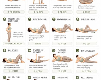 Grafiek bekkenbodemoefeningen dames, 16 zachte kegel- en kernbewegingen voor bekkengezondheid, afdrukbare thuistraining pdf-gids voor muurposter