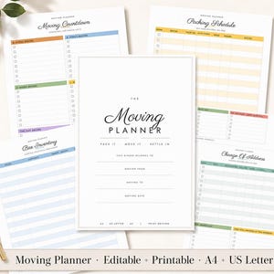 May include: A set of printable moving planner pages featuring a central cover sheet titled The Moving Planner, surrounded by various organizational forms including a Moving Countdown, Packing Schedule, Box Inventory, and Change of Address list.