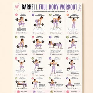 Barbell Workout Chart, 16 Compound Full Body Exercises Poster, Strength Training Program for Home Gym, Printable PDF A4 & US Letter