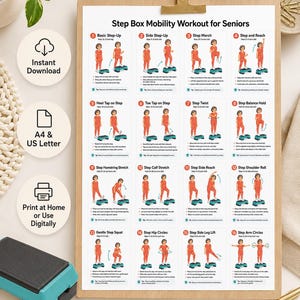 May include: A Step Box Mobility Workout for Seniors chart on a clipboard featuring sixteen illustrated exercises with instructions. The document includes text for instant download, A4 and US Letter sizing, and print at home or use digitally options.