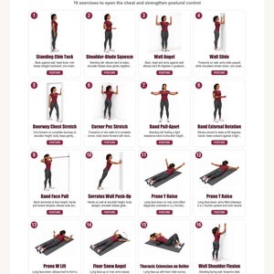 Peut inclure: Une affiche éducative blanche intitulée Rounded-Shoulder Posture Exercises présentant 16 illustrations numérotées d'une personne en vêtements bordeaux démontrant des mouvements pour ouvrir la poitrine et renforcer le contrôle postural avec du texte.