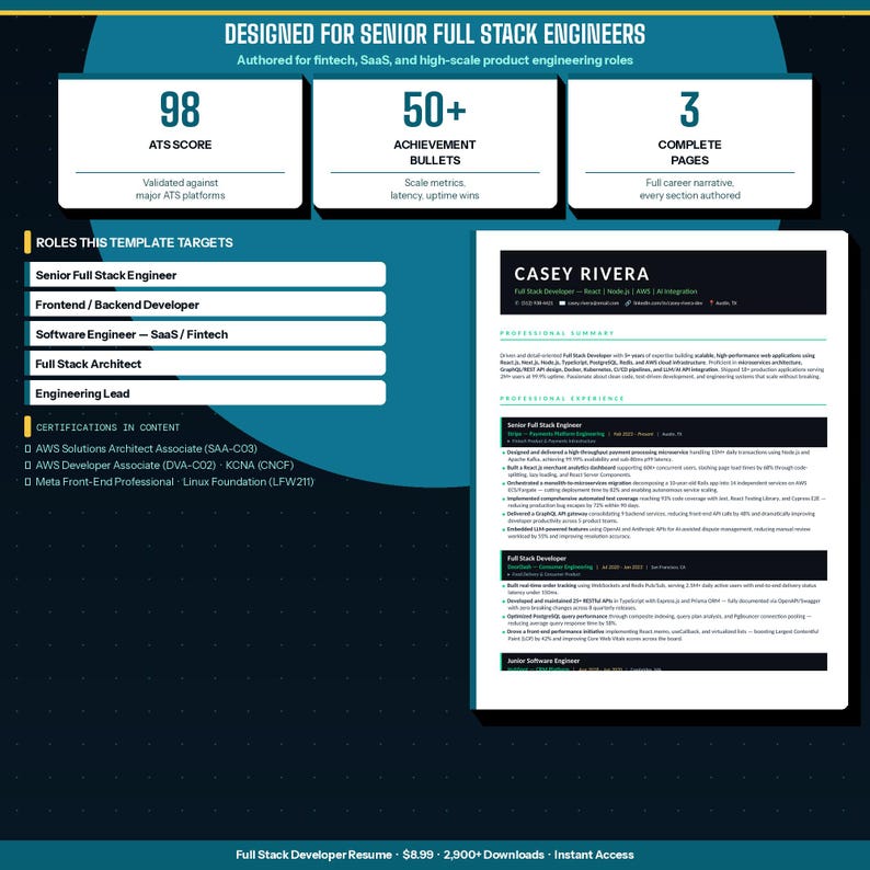 K&ouml;nnte beinhalten: Lebenslaufvorlage f&uuml;r Senior Full Stack Engineers. Mit einem ATS-Score von 98, &uuml;ber 50 Erfolgsaufz&auml;hlungen und 3 vollst&auml;ndigen Seiten. Geeignet f&uuml;r Positionen wie Frontend/Backend-Entwickler und Engineering Lead.