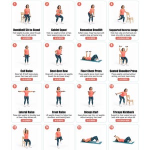 May include: An instructional poster titled Women Over 50 Light-Dumbbell Strength featuring 16 numbered exercise illustrations. Each panel shows a person in a coral shirt and blue leggings performing movements with dumbbells, including squats, lunges, and presses.