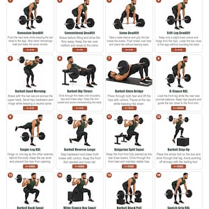 Barbell Glute and Hamstring Workout for Men, 16 Lower Body Exercises, Deadlift Hip Thrust Chart, Printable A4 US Letter PDF