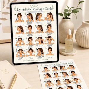 May include: A digital tablet and a printed paper sheet both displaying a Facial Lymphatic Massage Guide with sixteen numbered illustrations of a person performing self-massage techniques, alongside a glass dropper bottle labelled Calm Facial Oil.