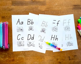 Karty do nauki alfabetu do druku od A do Z ze zwierzętami | Karty do nauki alfabetu dla przedszkolaków, małych dzieci, edukacji domowej, rozpoznawania liter dla osób z dysleksją