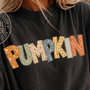 May include: A charcoal black short-sleeve t-shirt featuring the word PUMPKIN printed across the chest. Each letter is filled with a different pattern, including floral, gingham, and striped designs in shades of orange, green, blue, and yellow.