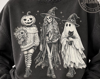 Halloween PNG Spooky Girl Crew, Retro Skeleton Ghost Pumpkin, Witchy Fall Shirt Design, Sublimation Download for Halloween Shirts