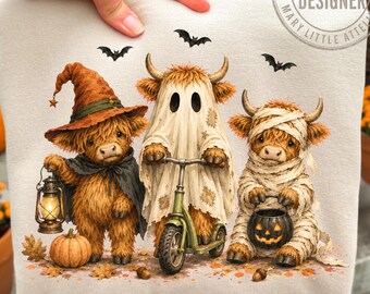 Divertente immagine PNG di mucca delle Highlands per Halloween, design autunnale spettrale con mucca delle Highlands per sublimazione, grafica carina con zucca per maglietta, download digitale DTF di tendenza