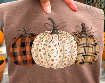 Zucca autunnale Coquette PNG, Zucca a quadri con fiori selvatici per sublimazione, Autunno cottagecore PNG, Maglietta autunnale accogliente, Zucca autunnale preppy PNG