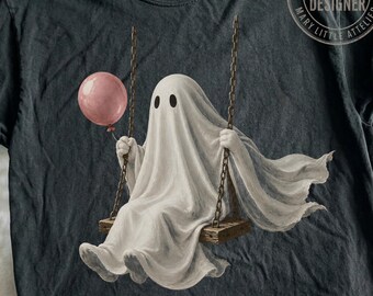Fantasma sull'altalena PNG, design carino per sublimazione di Halloween, fantasma vintage con palloncino rosa su maglietta PNG, download digitale retrò per la stagione spettrale
