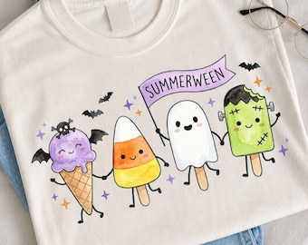 Summerween PNG, Maglietta estiva di Halloween carina, Squadra di Halloween Kawaii, Fantasma di caramelle di mais PNG, Maglietta estiva spettrale carina, Disegni per sublimazione