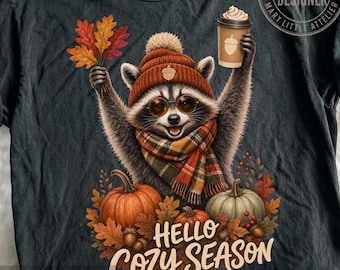 Procione autunnale retrò PNG, Procione e zucca divertenti PNG, Design carino per maglietta autunnale, Sublimazione caffè autunnale, Grafica procione autunnale PNG