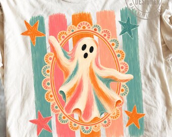 Fantasma luminoso PNG, design rustico vintage di Halloween, sublimazione per maglietta autunnale accogliente, felpa autunnale PNG