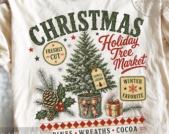 PNG di una fattoria di alberi di Natale retrò, design vintage natalizio in stile doodle, sublimazione di tendenza per le vacanze, grafica per maglietta natalizia con cioccolata calda