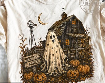 Fantasmino carino PNG, fattoria infestata vintage per Halloween, design rustico di fienile infestato, tendenza Halloween 2026 PNG, maglietta spettrale fattoria PNG