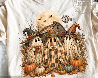 Fantasmi di Halloween carini PNG, Fantasma cowboy autunnale sublimazione, Trio country di Halloween PNG, Design fattoria autunnale di Halloween, Fantasma preppy di Halloween PNG