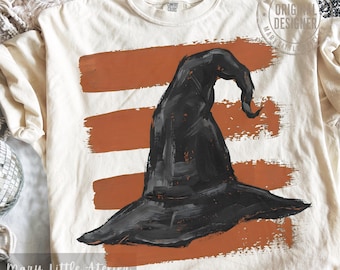Cappello da strega effetto invecchiato PNG, Strisce di zucca dipinte a dita PNG, Grafica autunnale per maglietta, Felpa autunnale accogliente PNG, Mamma autunnale di tendenza PNG