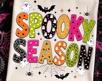 PNG Preppy Spooky Season, PNG Fantasma di Halloween, PNG Autunno, Sublimazione di tendenza per Halloween, Zucca, Pipistrelli, Design per maglietta glitterata