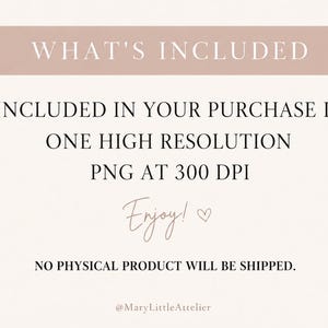 Puede incluir: Un gr&aacute;fico de informaci&oacute;n digital con un fondo rosa claro y texto oscuro. El texto dice: WHAT'S INCLUDED, INCLUDED IN YOUR PURCHASE IS ONE HIGH RESOLUTION PNG AT 300 DPI, Enjoy!, NO PHYSICAL PRODUCT WILL BE SHIPPED., @MaryLittleAtelier.