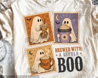 Fantasma del caffè PNG, design vintage del francobollo di Halloween, grafica autunnale per maglietta, felpa autunnale accogliente, fantasma del caffè di tendenza PNG