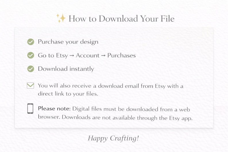 May include: An instructional graphic titled How to Download Your File with two gold stars. It lists steps: Purchase your design, Go to Etsy, Account, Purchases, and Download instantly. It includes email and browser download notes for digital files.