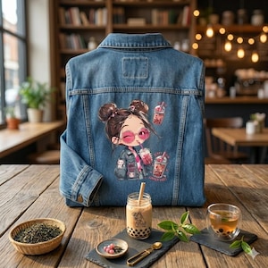 Puede incluir: Chaqueta vaquera azul con un gráfico colorido de una chica bebiendo té boba. La imagen también incluye té boba, hojas de té y otros accesorios sobre una mesa de madera. La chaqueta tiene un diseño clásico.