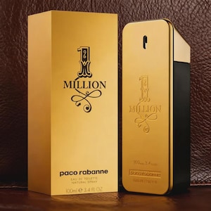 May include: A gold-colored perfume bottle and box set. The bottle is rectangular with a black base and a gold top. The box is gold with the words "Million" and "paco rabanne" printed on it. The bottle contains 3.4 fl oz of perfume.