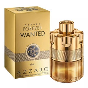 May include: A gold-colored perfume bottle and box set. The bottle has a unique design with a gold cap and a textured lower section. The box is gold with the words "AZZARO FOREVER WANTED" in black. The bottle contains 3.38 Fl. Oz.