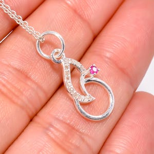 Sterling Silver Diamond & Ruby Pendant Necklace, Intertwined Design, Romantic Gift