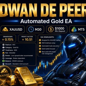 May include: A digital graphic for DWAN DE PEER Automated Gold EA featuring a black robotic figure, gold bars, and financial data. Text includes XAUUSD, M30, $1000 Min Deposit, MT5, Drawdown 0.15%, Profit Factor 10.51, and EA HIGHLIGHTS list.