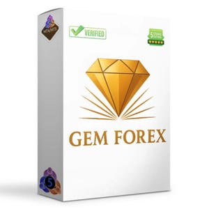 May include: A white box with the words "GEM FOREX" in gold lettering. A gold diamond graphic is above the text. The box also has a "VERIFIED" checkmark and a 5-star rating.