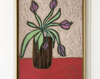 Original Artwork: Tulups in Black Striped Vase on Crimson - Oil Pastel Art
