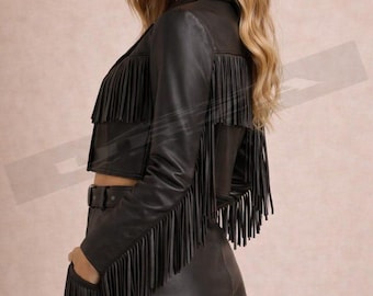 Black Leather Fringe Jacket & Skirt Set