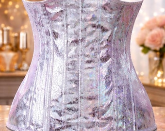 Pink Crackle PVC Underbust Corset Steel Boned Waist Trainer Gothic Bustier Top