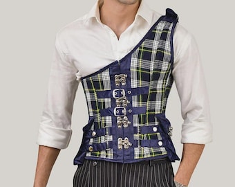 Men's Navy Blue Tartan Corset with Shoulder Strap | Gothic Steampunk Corset Vest
