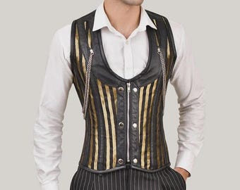 Goldene Brokat Herren Korsett Weste mit schwarzem Leder | Taillen-Trainer mit Stahlstäbchen