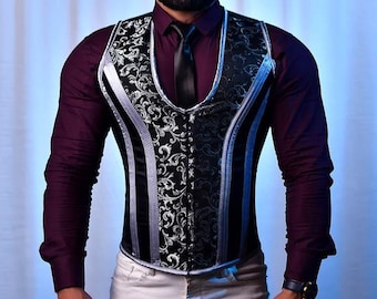 Men's Black & Grey Brocade Corset Vest | Steel Boned Waist Training Vest | Gothic Victorian Waistcoat