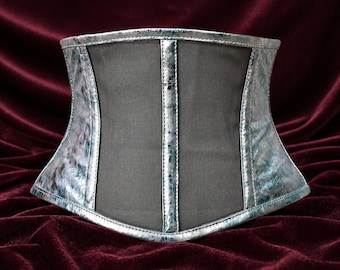 Silver Holographic Mini Cincher Corset – Crackle Sheer Underbust Waist Trainer – Steel Boned Corset Belt