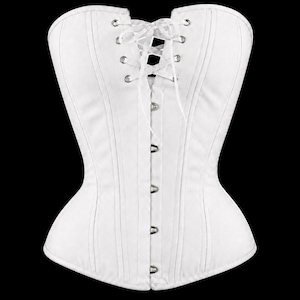 May include: A white corset featuring a front busk closure with silver-toned metal clasps and a top section with white ribbon lacing through silver-toned grommets. The garment is constructed with vertical seams and a structured, fitted silhouette.