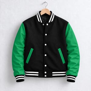 May include: A varsity jacket featuring a black wool-like body and vibrant green sleeves. The garment includes a snap-button front closure, two side pockets with green trim, and ribbed cuffs and hem with white stripes on a black background.