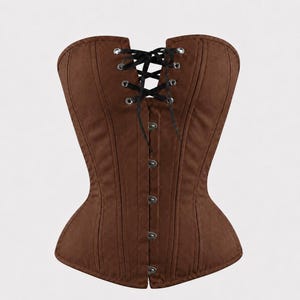 Brown Cotton Corset, Steel Boned Overbust Waist Trainer with Lace-Up Back