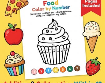Hojas de trabajo para niños sobre colores de alimentos por número: sumas y restas hasta 10 / Material imprimible de matemáticas para jardín de infantes / Actividad para el hogar sin preparación